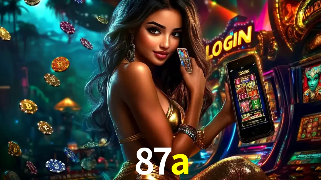 Mulher em um cenário de cassino temático de aventura, mostrando o app de caça-níqueis da 87a no celular. Fichas de apostas flutuam ao redor.